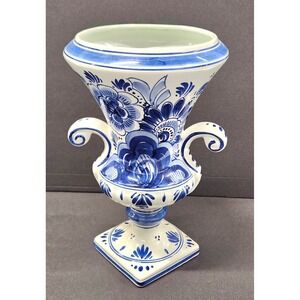 Vintage Mid Century Dutch Delft Blue & White Floral Urn Vase 10.5 H